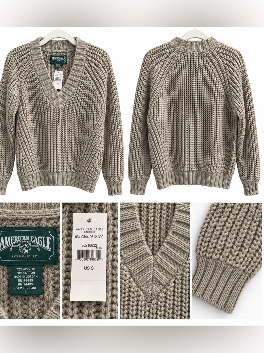 American Eagle Outfitters green V-Neck Chunky Knit Sweater nwt